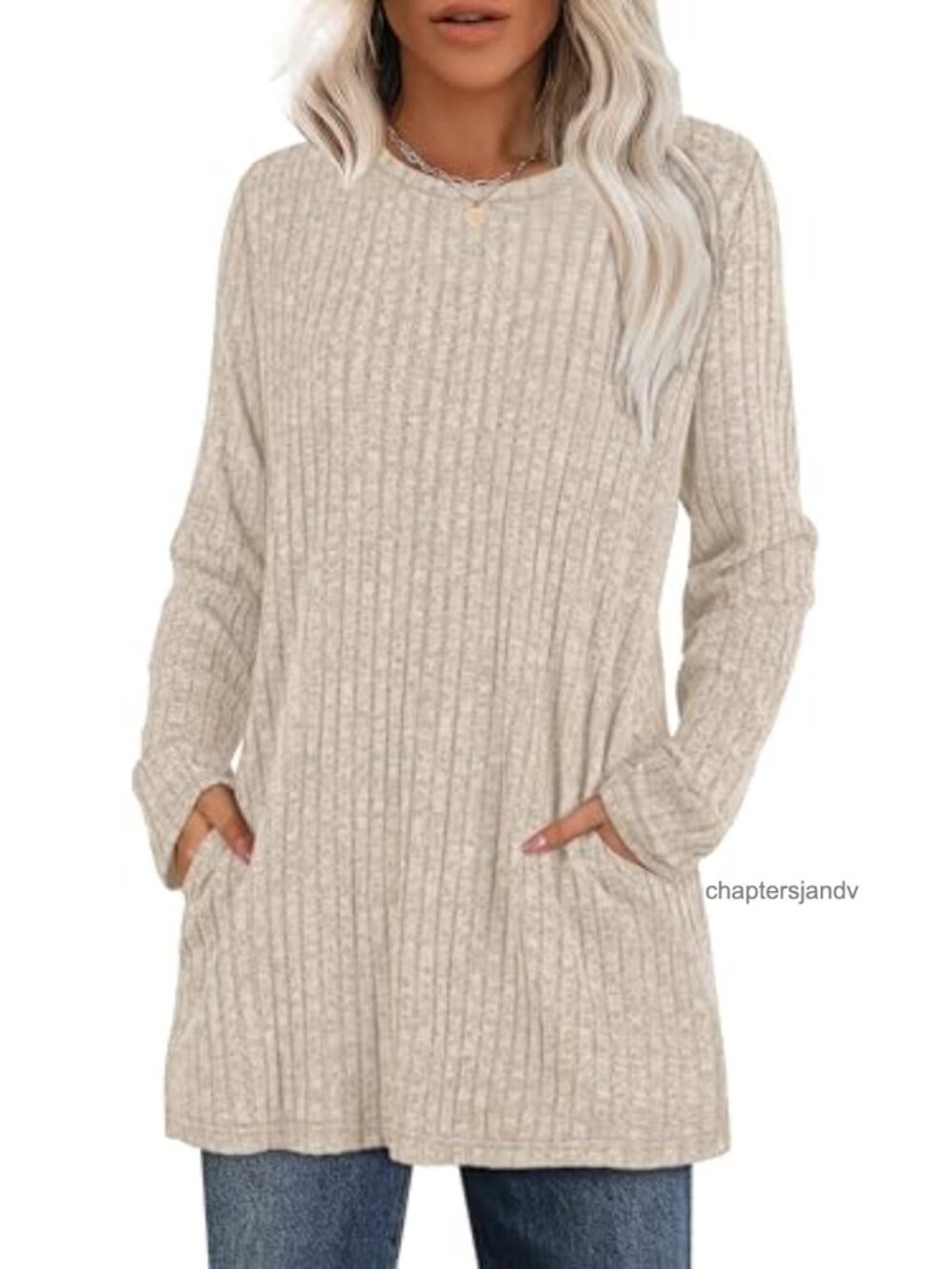 Womens Long Sleeve Crewneck Tunic Top Loose Fit Sweater with Pockets
